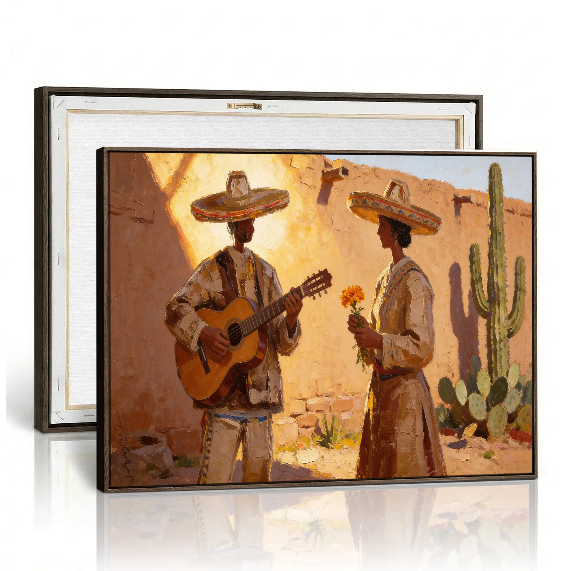 Mexican Couple Canvas Wall Art, Romantic Serenade Guitar Painting Print, Southwestern Desert Adobe Decor, Warm Golden Folk Art, Living Room Art