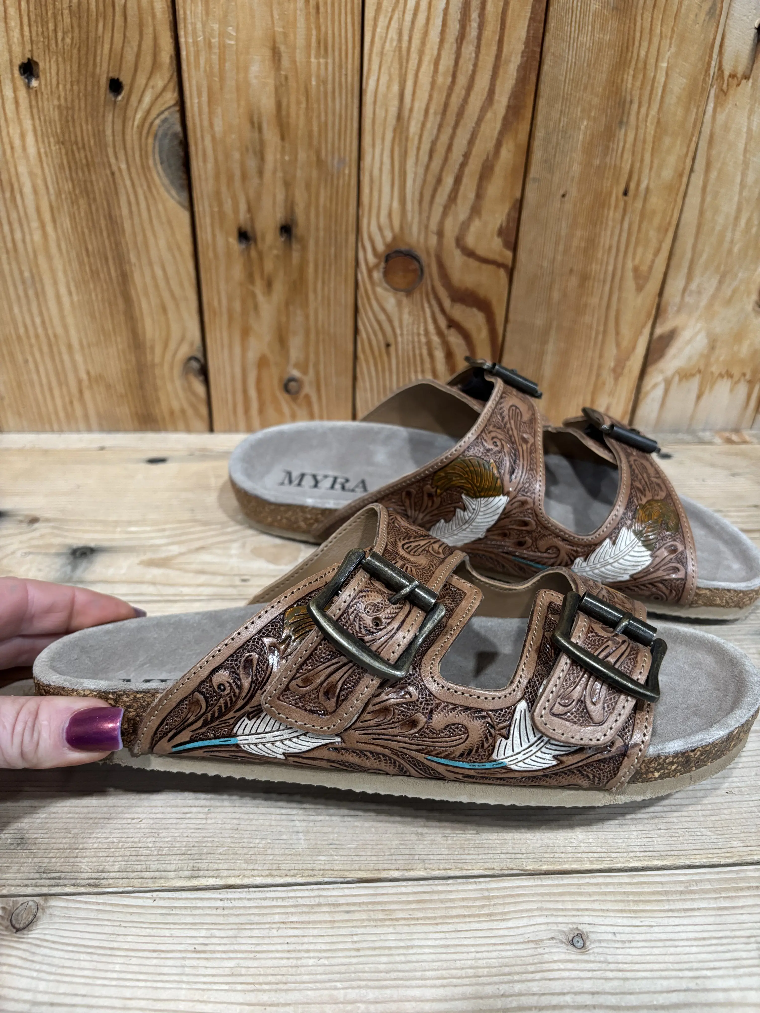Tooled Leather Brown Feather Sandals!