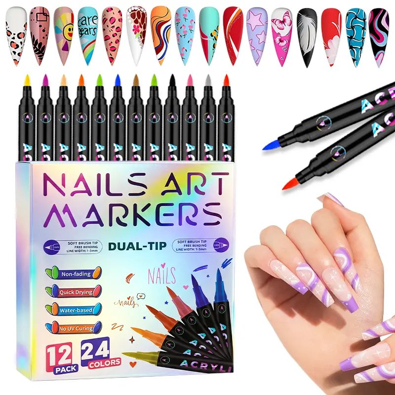 24-Color Nail Art Marker Multi-Pack - Quick-Dry Acrylic Pens Nail Care DIY Kit, Easy Use for Detailed & Bold Designs, Office Stationery Graduation Gift for Beginners, Manicure, 3D Nail Details