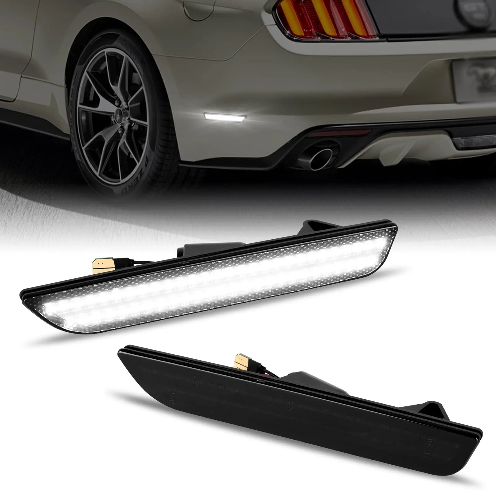 Gempro LED Rear Side Marker Lights for Ford Mustang 2010-2014 - White Bumper Marker Parking Lamps, Smoked Lens, ABS Plastic, AR3Z-15A201, Bright LEDs, High Efficiency, Plug-and-Play, 2PCS