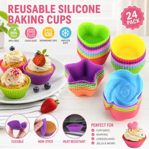 24Pcs Silicone Cupcake Liners – Star, Heart & Flower Shapes | Reusable Nonstick Muffin Cups for Baking with Kids – Bright & Fun!