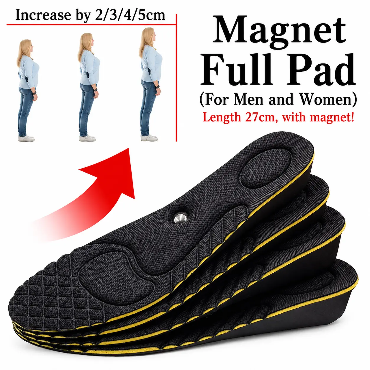 Ultralight Invisible Height Increase Insoles For Men Women Magnet Massage Shoe Heel Insert 2/3/4/5cm Taller Lift Damping Insoles