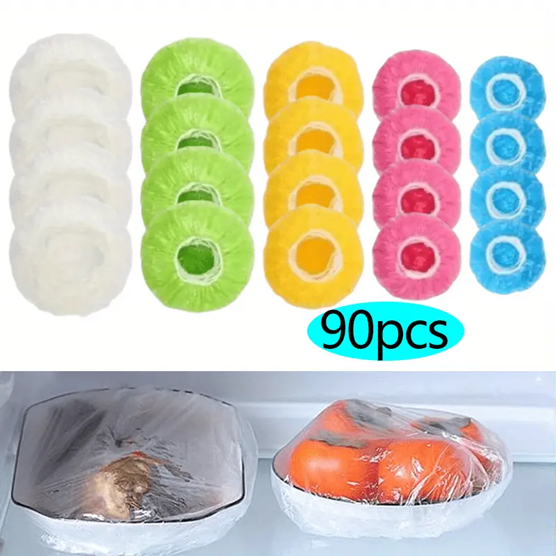 90pcs Solid color disposable plastic bowl covers, transparent elastic mouth, Disposable fresh-keeping cover food dust covers size color differentiation for use
