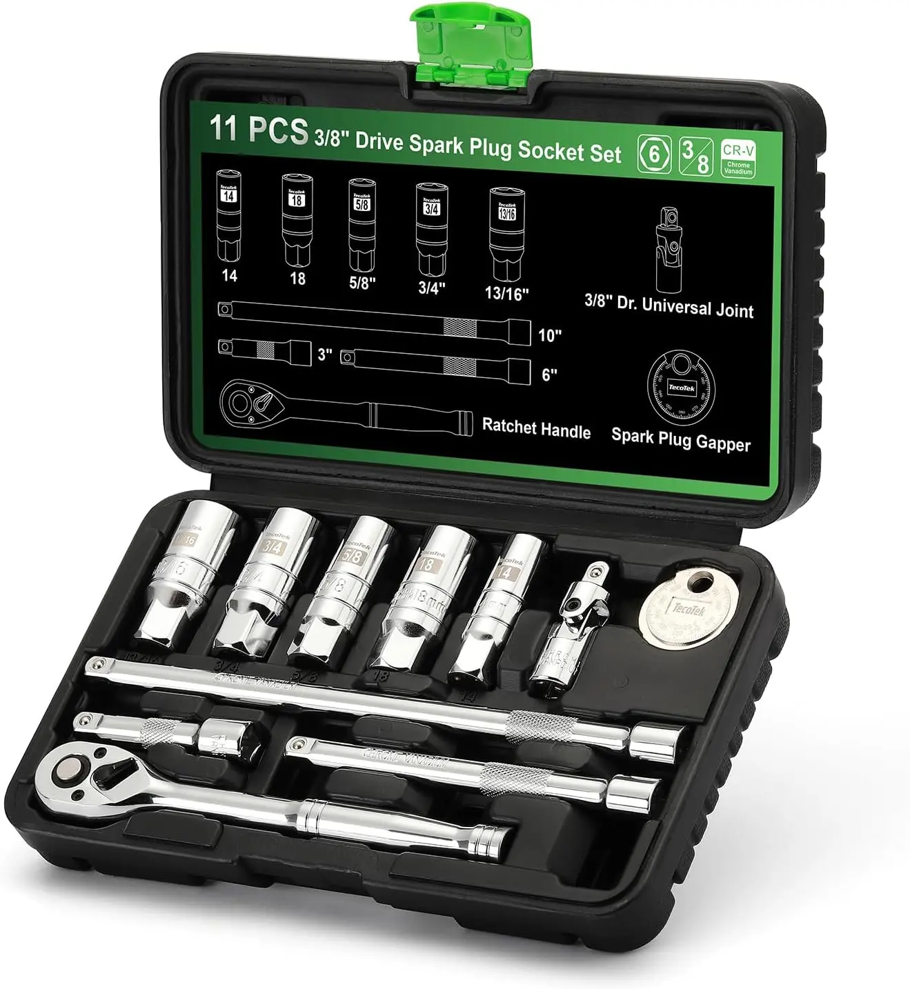 11-Piece Spark Plug Socket Set with 3/8" Drive Ratchet Handle, Spark Plug Gapper, Universal Joint and Extension Bar, 5/8", 3/4", 13/16", 14mm, 18mm