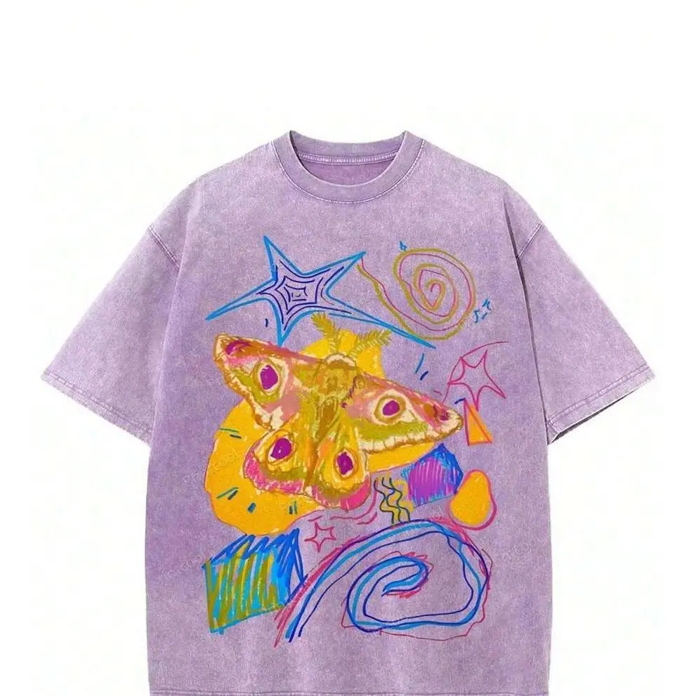 Summer Tops2026 Washed Cotton, T-Shirt With Flying Colorful Insect Print, High-Quality Batik Cotton Vintage Fashion Brand T-Shirt, Women's Summer Clothing, Perfect Gift For Mother's Day, Father's Day, Easter Summer Clothes.........