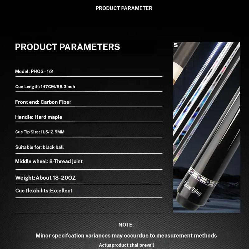 JIAN YING New Carbon Fiber 1/2 Billiard Cue 58 inch 11.5/12.5mm Tip Strong Stability High Performance Pool Cue with Case Tip Gloves Towel Chalk Extended Handle
