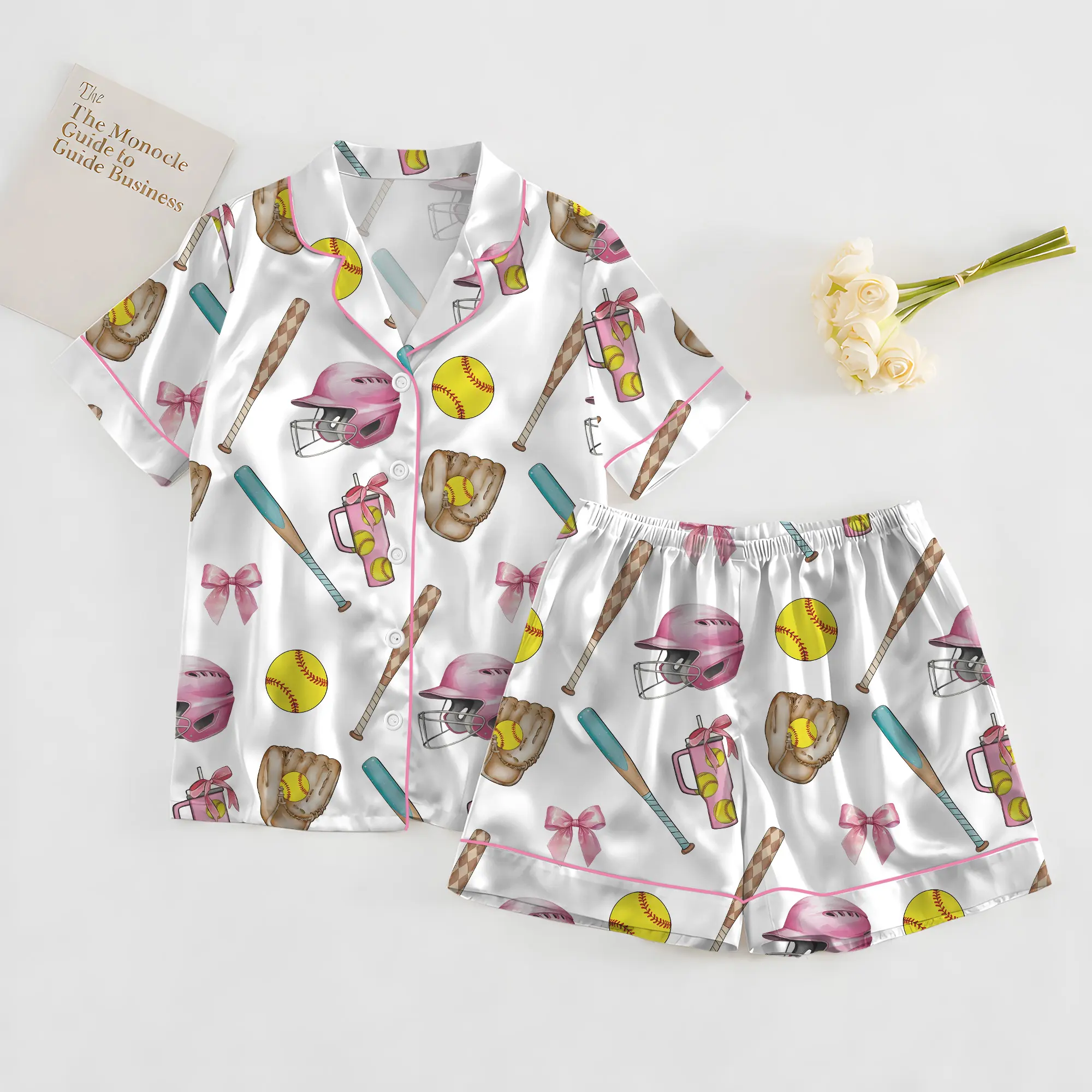 Softball Satin Pajamas Set, Women's White Satin Pajama Set – Softball Print Sleepwear, Sporty Summer Loungewear