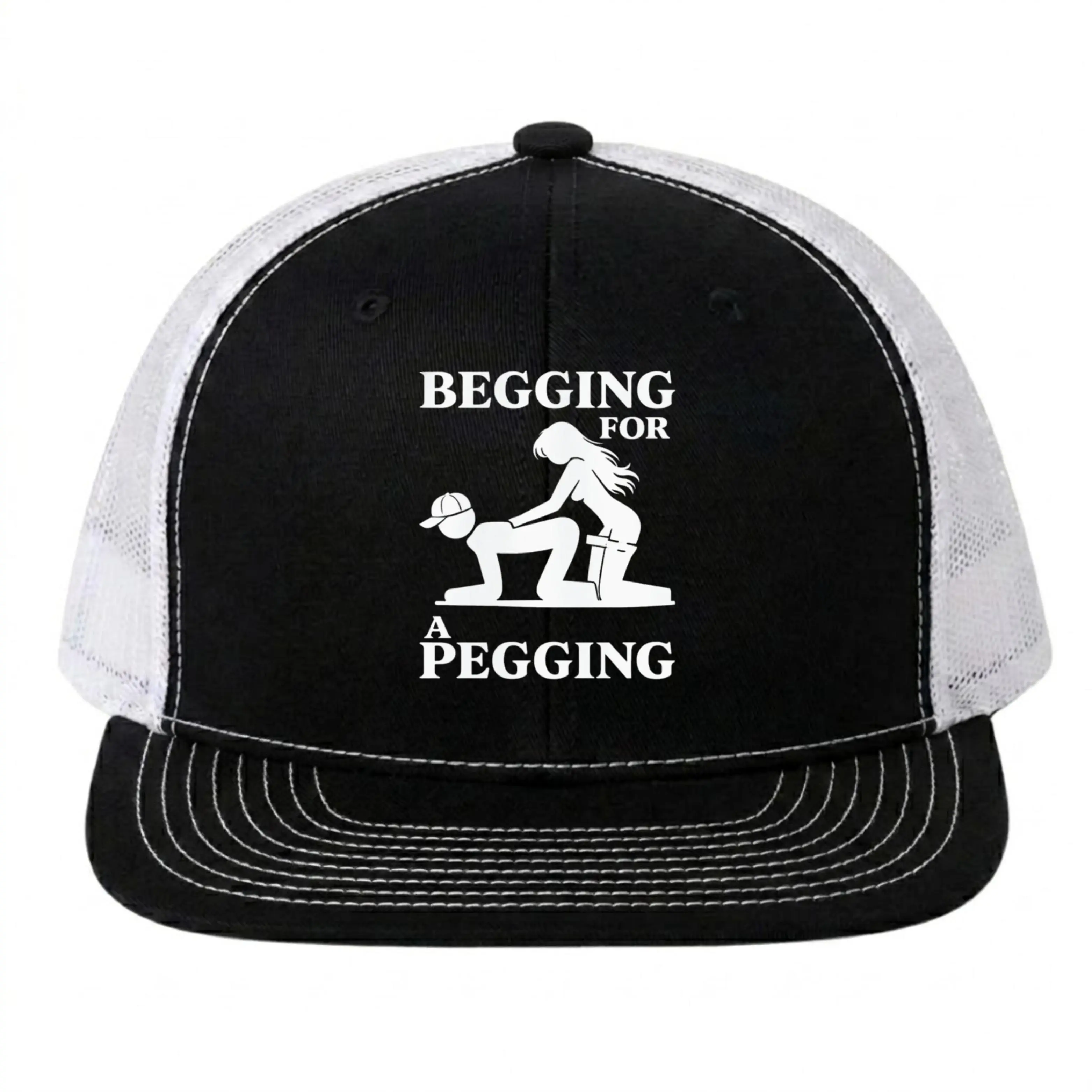Funny Adult Humor Graphic Baseball Cap | "Begging For A Pegging" Sexy Stick Figure Black Snapback Hat | Humorous Parody Trucker Hat for Men & Women  3