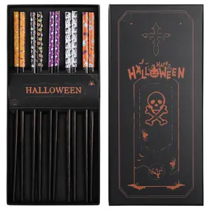 Halloween Party Reusable 5 Pairs 9.4 Inches Wooden Chopsticks Dishwasher Safe Tableware Gift with Halloween Decorations Sets in Spooky Design Box