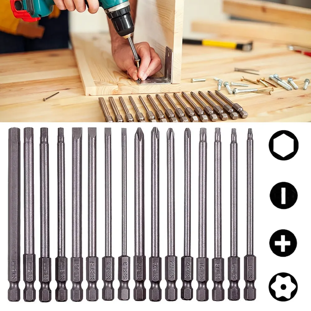 [Summervibes] A Set of 16 Pcs 1/4 Inch Hex Shank Long Magnetic Screwdriver Bits,4 in Power Tools (Slotted+Cross+Hex+Plum Blossom),Hand Tools Kits
