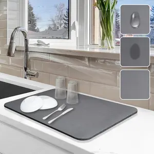 Kitchen Counter Dish Drying Mat Accessory, 12"x19" Non-Slip Rubber Backed Pad, Stain-Hiding & Absorbent for Dish Racks & Coffee Machines (Grey)