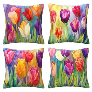 Tulip Pillowcase, Spring/Summer Farmhouse Wind Pillowcase, Garden Cushion Cover, Home Decoration Room Decoration, 4-piece Set with Double sided Printing, Home Textile