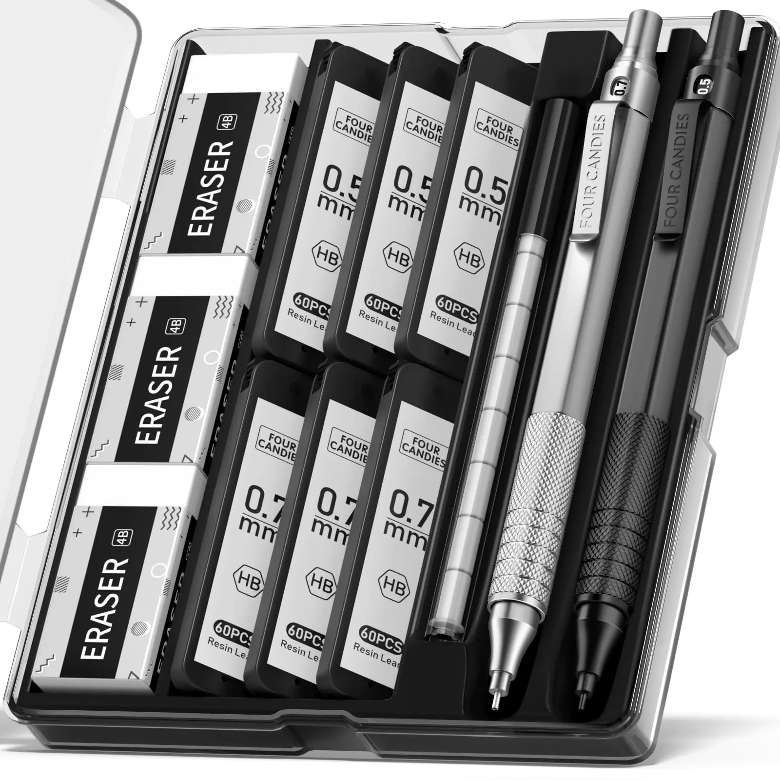 Four Candies Mechanical Pencils Set, 2Pcs Black & Silver Metal Pencils Set, Metal Drafting Pencil with 360PCS HB Lead, 3 Erasers,9 Eraser Artist Pencils with Case, for Drawing and Sketching, Suitable for School and Office Use