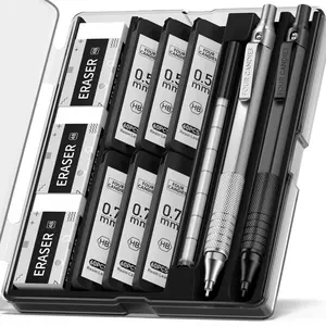 Four Candies Mechanical Pencils Set, 2Pcs Black & Silver Metal Pencils Set, Metal Drafting Pencil with 360PCS HB Lead, 3 Erasers,9 Eraser Artist Pencils with Case, for Drawing and Sketching, Suitable for School and Office Use