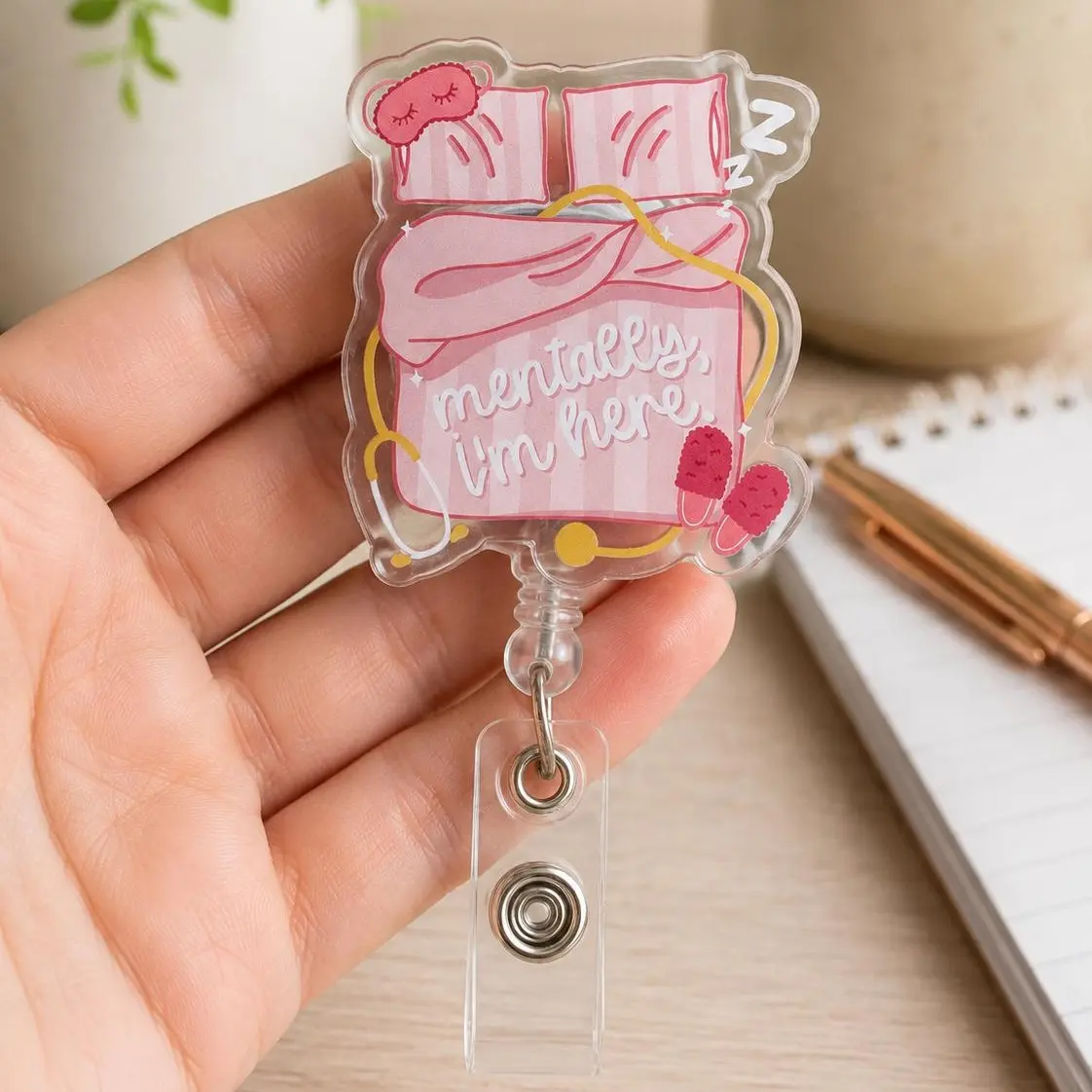 Mentally I'm Here Badge Reel, Pink Cozy Bed Retractable ID Badge Holder, Cute Nurse Badge Reel, Office & Teacher ID Holder, Bookish Gift