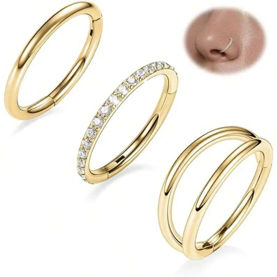 Women's 3pcs 316L Stainless Steel Round Septum Ring Piercing Jewelry - CZ Hinge Nose Ring, Clicker Hoops, Punk Style, 6mm/8mm/10mm Conch Body Jewelry, Festival Wear, Rhinestones, Unisex Click Closure Accessory