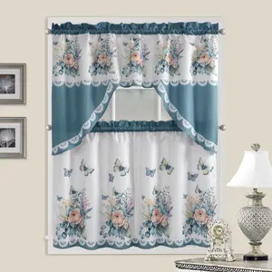 3pcs/set Polyester Fabric Kitchen Curtains with Printed Flower Butterfly Pattern, Blackout Small Curtains for Kitchen Dining Room Window Decoration