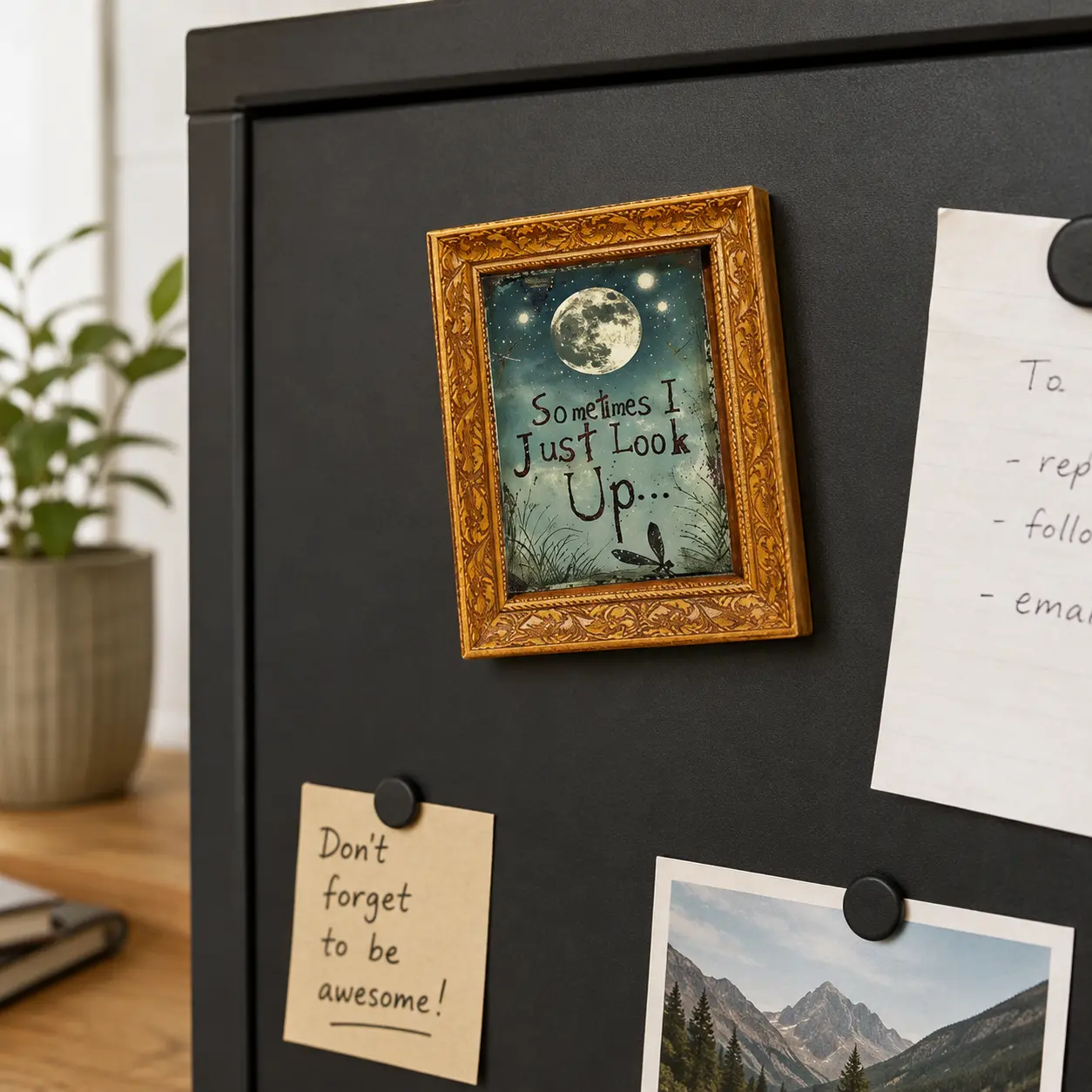 Ornate Gold Frame Inspirational Quote Wooden Magnet, Night Sky Moon Refrigerator Magnet, Aesthetic Celestial Art Locker Decor, Unique Kitchen Decor Gift