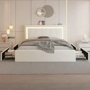 Upholstered Bed Frame With 4 Large Drawers,RGB LED Lights, Adjustable Headboard, Easy To Assemble