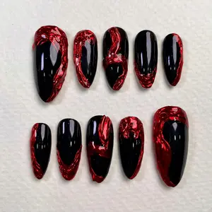 HelenNails – Black Red Chrome Press On Nails | Gothic Punk Rock Nails | Y2K Dark Nail Art | Handmade Custom Trendy Fake Nails – HL514