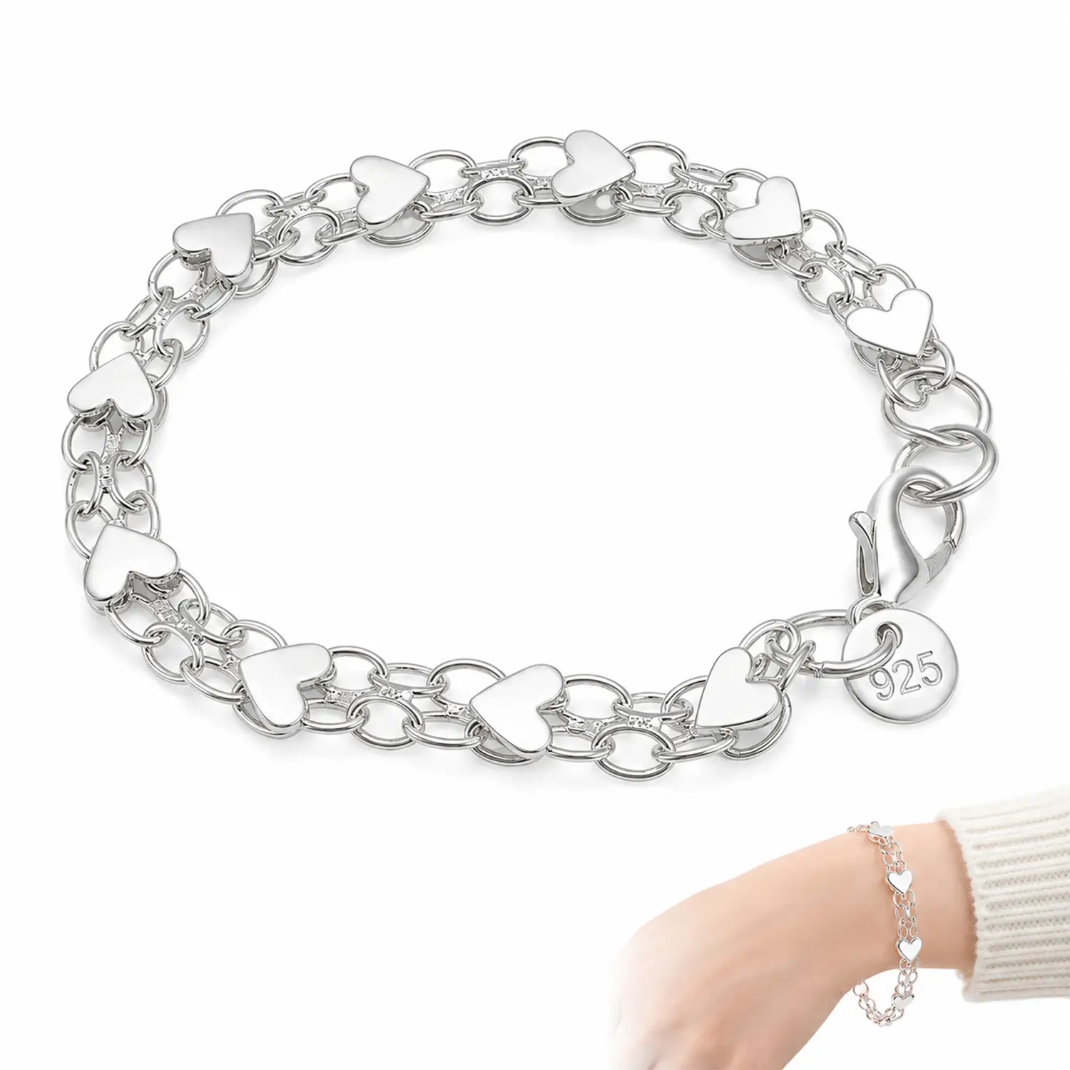 Silver-Tone Double-Layer Heart Charm Bracelet for Women, Cute Linked Chain Bracelet, Trendy Jewelry Gift for Birthdays, Anniversaries and Valentine’s Day