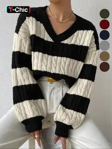 Women's Cable Knit Color Block Striped V Neck Oversized Sweater, Casual Long Sleeve Drop Shoulder Jumper Pullover Tops for Autumn & Winter, Korean Style Clothes