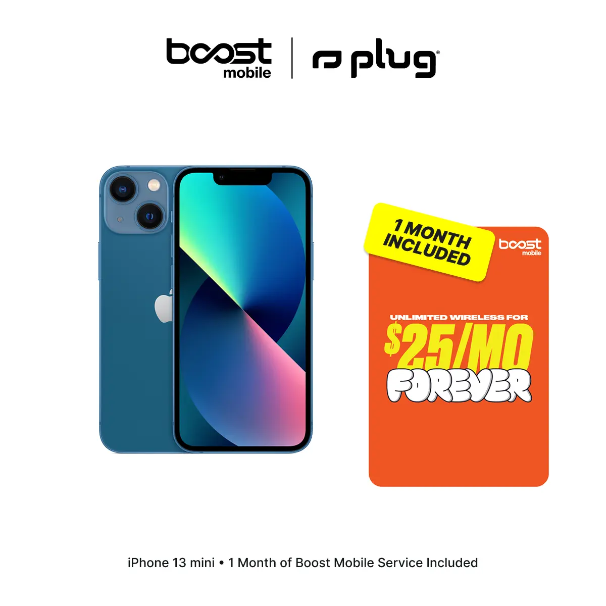Refurbished Apple iPhone 13 mini (Unlocked) + 1 Month of Unlimited Boost Mobile Service Included - Good Condition with 1-Year Warranty by Plug