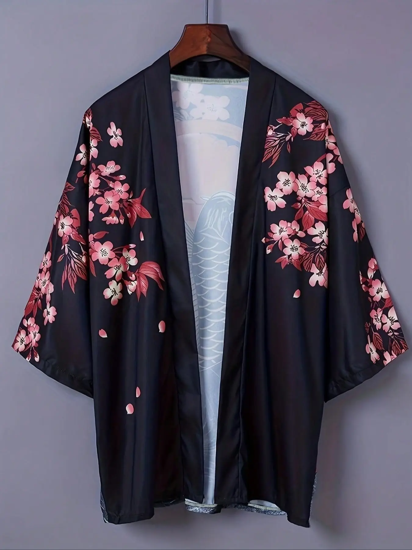 Sakura Koi Print Seven-Quarter Sleeve Traditional Hanfu Robe, Summer Loose Fit Lightweight Japanese Kimono Jacket, Unisex Casual Woven Thin Coat Shirt, Clothes, Women