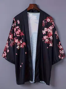 Sakura Koi Print Seven-Quarter Sleeve Hanfu Robe, Summer Loose Fit Japanese Kimono Jacket, Unisex Casual Thin Coat Shirt