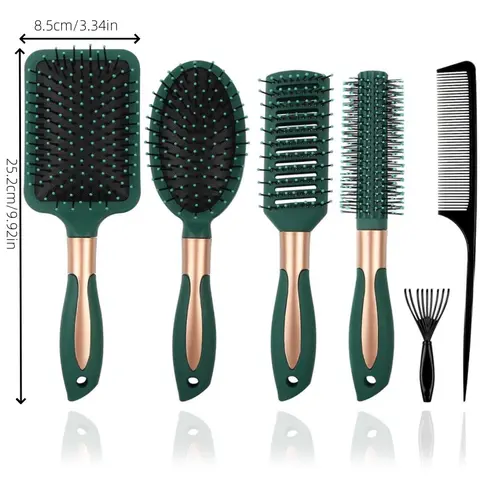 Adult 5-Piece Soft Plastic Comb Haircare Set with 1 Rake-Shaped Cleaner - Air Cushion Detangler Brush for Curly Thick Hair, Pull-Free Detangle, Smooth Styling, Hair Growth, Shower-Time Faster (Home & Festive Party Accessory)