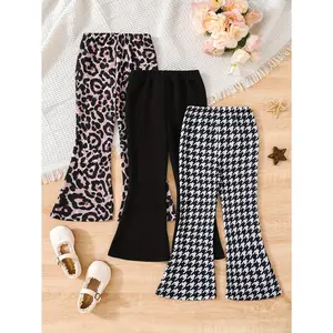 Girls 3pcs/set Stylish & Casual Solid Colored/Allover Leopard/Houndstooth Pattern Flared Pants For Spring & Fall