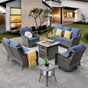 OVIOS Kenard 6-Piece Outdoor Patio Furniture Set with 30" Propane Fire Pit Table & Rocking Chairs, Wicker Conversation Sofa Set with Cushions for Backyard Patio Porch Deck Garden Outdoor Seating
