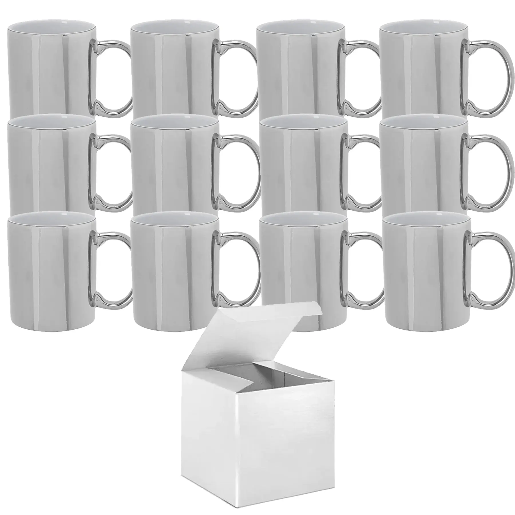 12-Pack of 11 oz. Metallic Silver Sublimation Mugs with White Gift Boxes