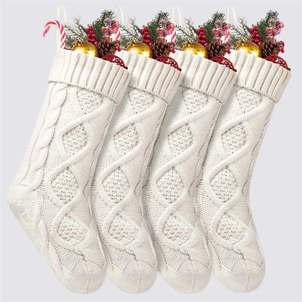 4pcs Large Christmas Stockings, Ivory Color Knitted Xmas Socks, Traditional Style Holiday Decorations, Perfect for Home & Party Use
