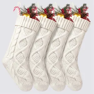 4pcs Large Christmas Stockings, Ivory Color Knitted Xmas Socks, Traditional Style Holiday Decorations, Perfect for Home & Party Use