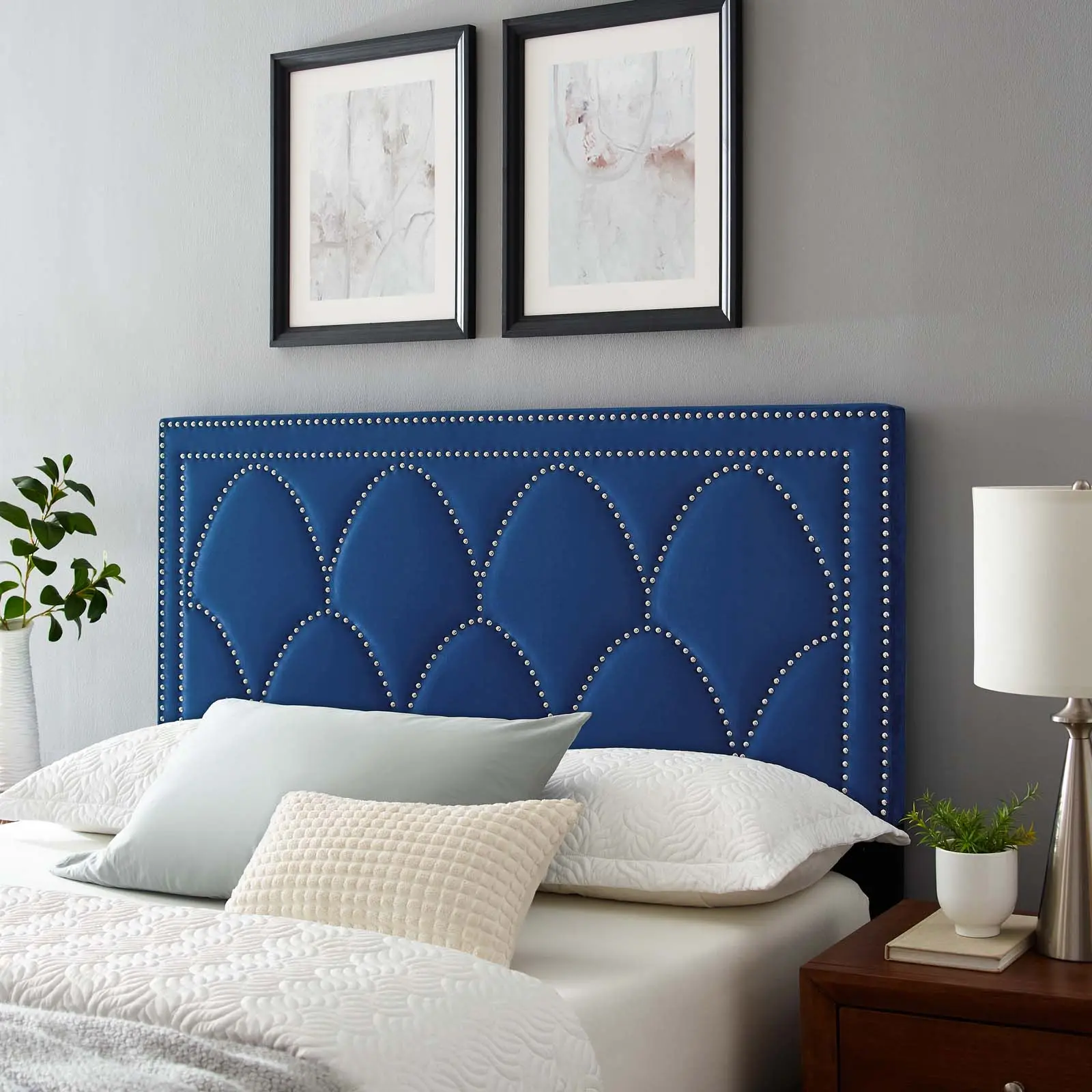 Modway Greta Foam-Padded Adjustable Performance Velvet Twin Headboard, Bedroom Furniture with Modern Elegance & Glam Deco Style, Navy, Blue Velvet Headboards