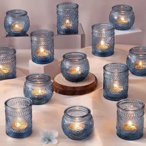 24Pcs Blue Votive Candle Holders - Vintage Candle Holders Bulk, Glass Candle Holder for Party Decoration, Tea Lights Candle Holders for Wedding Shower & Gift