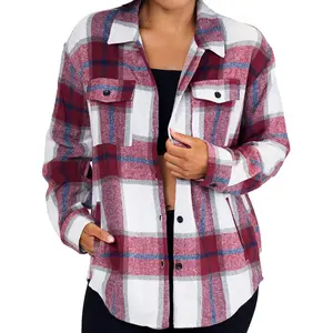 Shacket Red Plaid Drop Shoulder Fitted Long Sleeve Collared Neck Casual Preppy Classic Autumn Winter Medium Length Outerwear with Pockets & Button Closure Jacket Coats