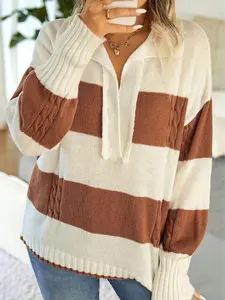 Stripes Collared Neck Corded Sweater