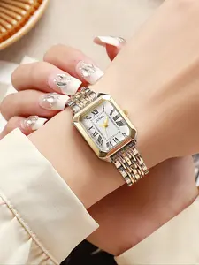Women's Classic Square Watch, Elegant Fashion Watch, Roman Numeral Dial, Stainless Steel Strap, Vintage Style, Includes Box, Perfect Christmas and New Year Gift