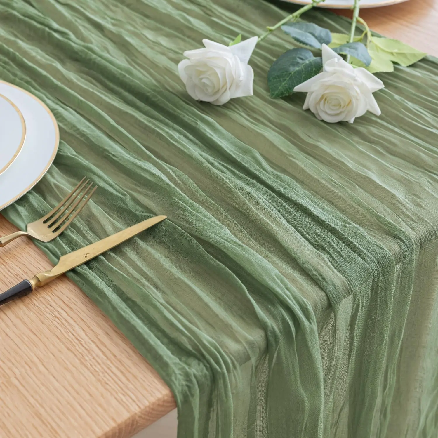 Rustic Sage Gauze Table Runner - 1.6x10FT Soft Wrinkle-Texture Cheesecloth, Reusable Home Decor, Boho Wedding & Event Table Setting Accessory, Events