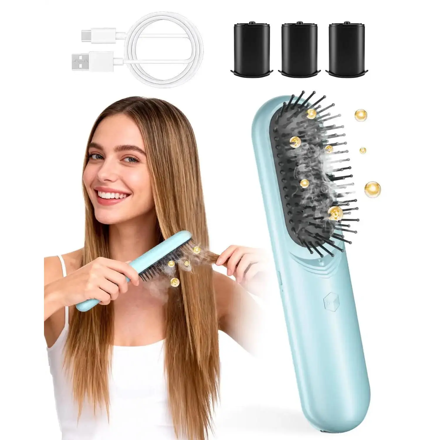 3-in-1 Electric Mist Comb & Scalp Massager for Detangling and Anti-Frizz Relief, USB Rechargeable Tool for Dry, Curly, and Damaged Hair, Any