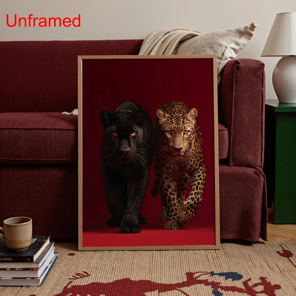 2D flat print canvas wall art gift, elegant black panther and leopard poster with red background wildlife decoration, luxury wall art decor for office, living room, entryway—modern home wall décor