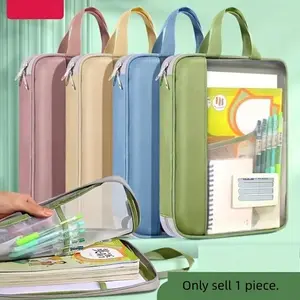 Portable File Folder, 1 Count Transparent File Storage Bag with Handle, Files Organizer, Student Book Bag, Document Holder, Exam Paper Learning Nylon Pouch with Shoulder Strap