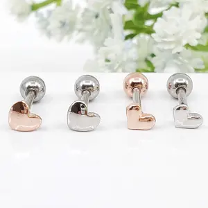 16G Plain Puffed Heart Stud Surgical Steel Cartilage Earring, Helix Stud, Conch Piercing
