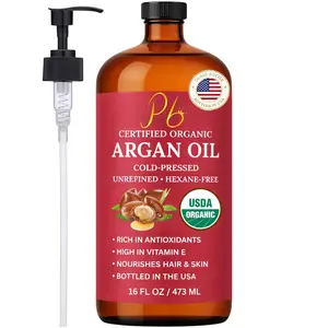 Pomberries USDA Organic Argan Oil 16 fl oz – Cold-Pressed, Unrefined Moroccan Argan Oil for Hair & Skin – Glass Bottle with Pump