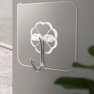Transparent Hooks with Metal Clips, Traditional Style Wall Hanging, Easy Installation Plastic Hooks for Kitchen Bathroom Shower Glass Door Mirror Tiles, Wall Mounted Hook
