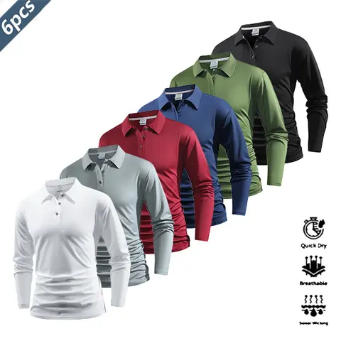 Men's 6-Piece Dry Fit Polo Shirt Set - Quick-Dry Polyester, Breathable Sports Wear, Fashion Sportswear, Mens Clothing, Tennis-Inspired Athletic Casual Tops for Golf,summerwins,father'sdaygifts