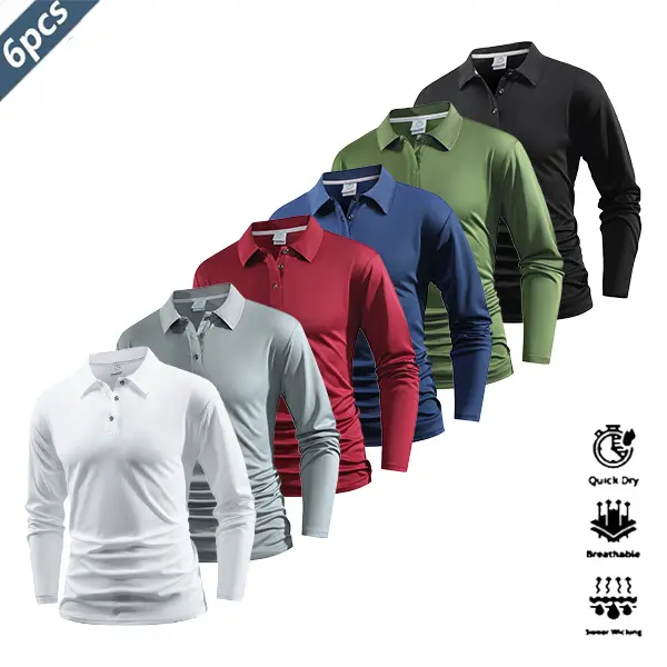 Men's 6-Piece Dry Fit Polo Shirt Set - Quick-Dry Polyester, Breathable Sports Wear, Fashion Sportswear, Mens Clothing, Tennis-Inspired Athletic Casual Tops for Golf,summerwins,father'sdaygifts,back to school,back to school shopping