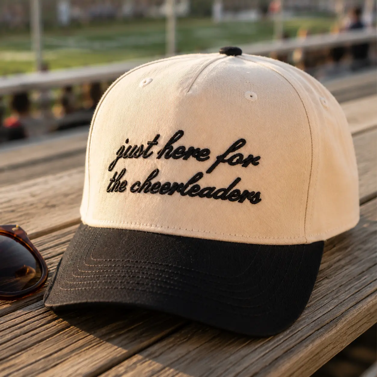 Funny Trucker Hat for Women Just Here for the Cheerleaders Baseball Cap Embroidered Snapback Vintage Two Tone Hat Game Day Football Mom Sports Fan Tailgate Stadium Gift Casual Wear